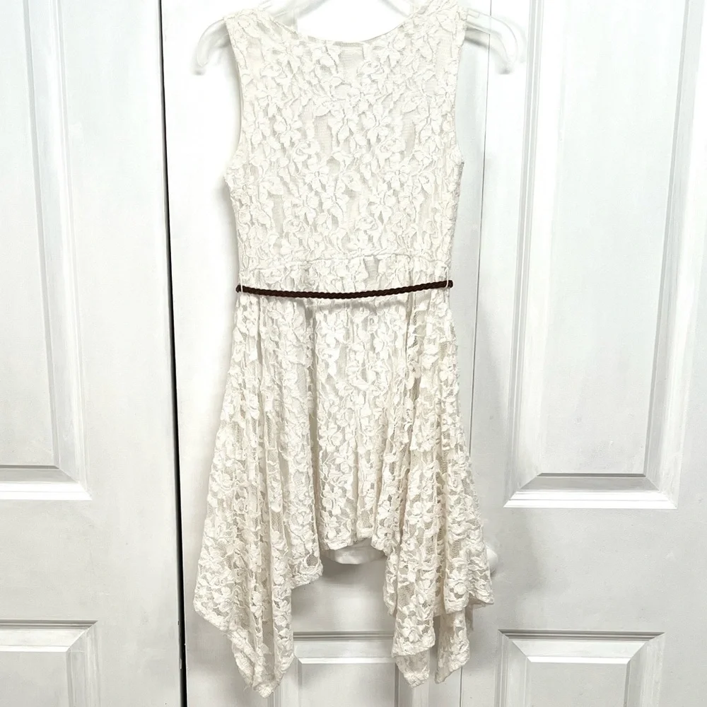 Knitworks White Lace Dress Brown Braided Belt Child Size 8